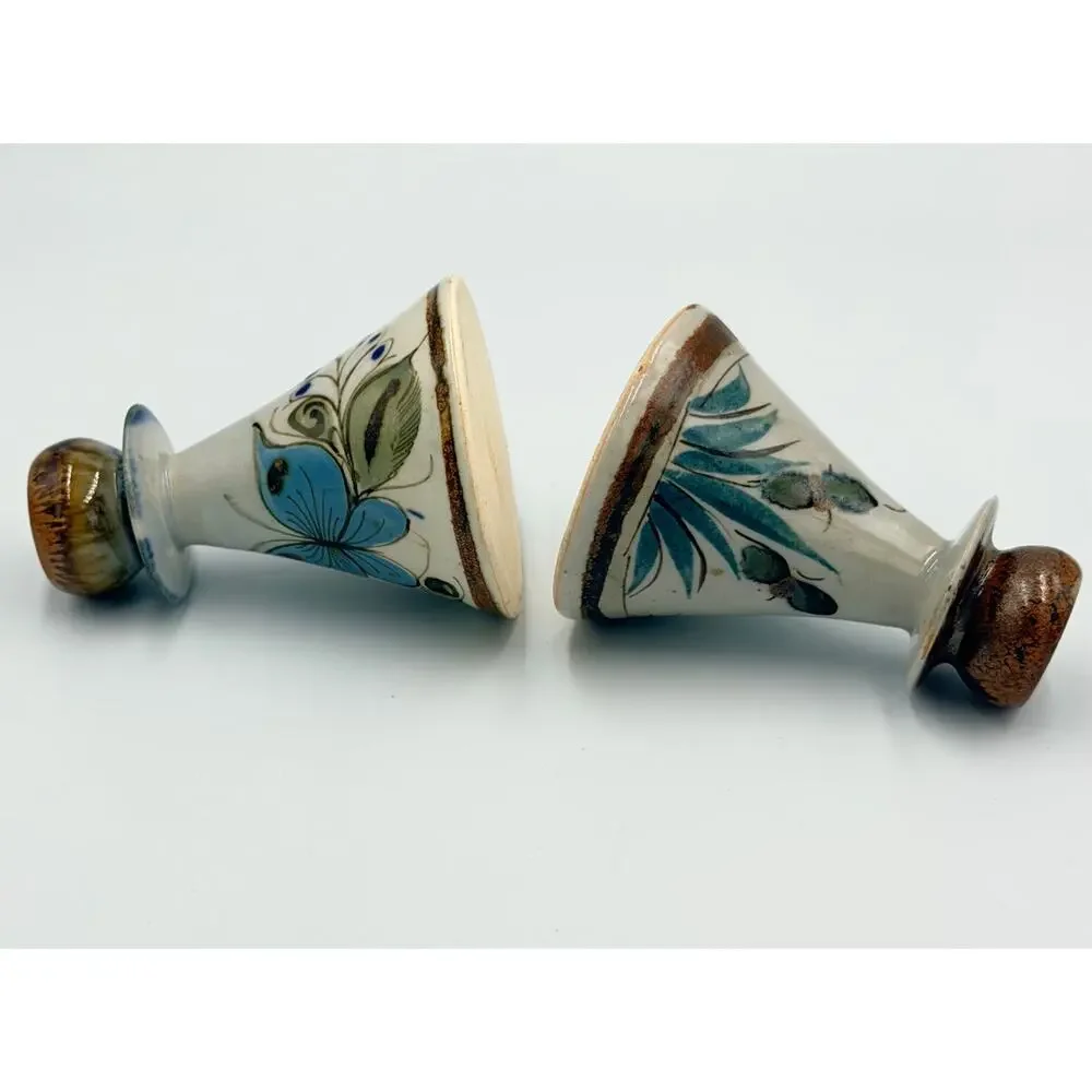 Folk-Art Ken Edwards Palomar Tonala Pottery Hand Painted 2pc Set Candle Holders